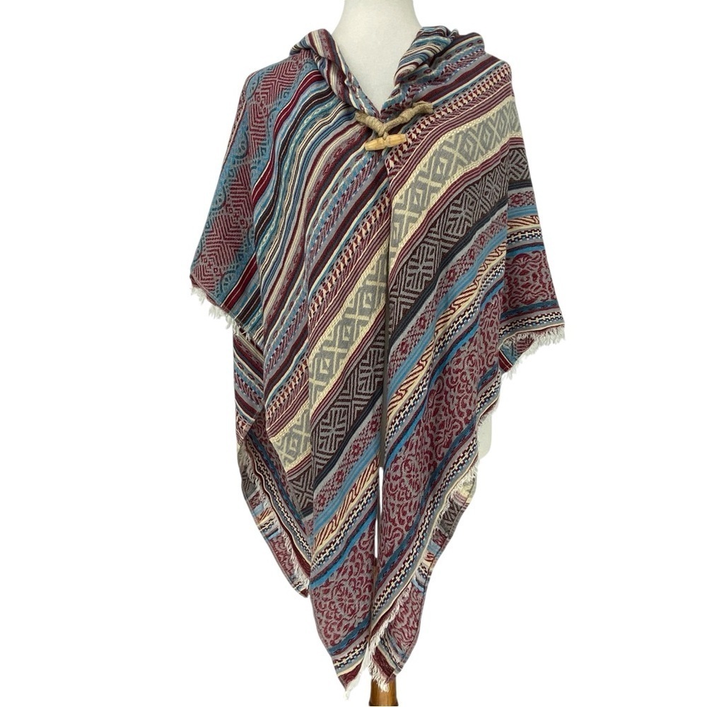 Unisex Vintage Heavy Cotton Boho Hooded Poncho Wooden Dowel & Loop Closure